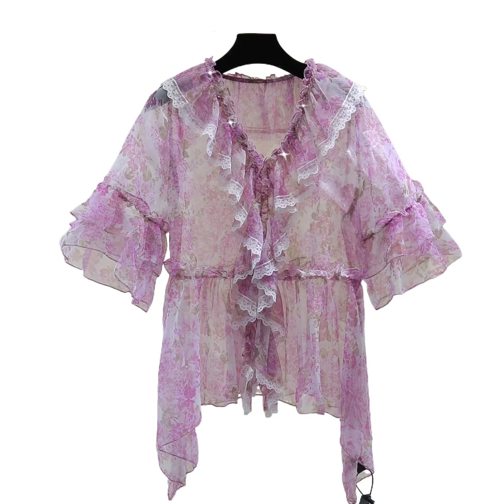 Lace Floral V-neck Thin Chiffon Shirt, Summer Top, Diamond Beads and Lotus Leaf Edge Medium Sleeve Sunscreen Blouse for Women