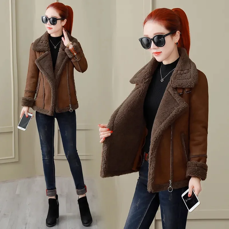 

Thickened Deerskin Cashmere Lambswool Short Coat Women's Autumn and Winter Clothes 2023 New Korean Coats Jacket Motorcycle Suit