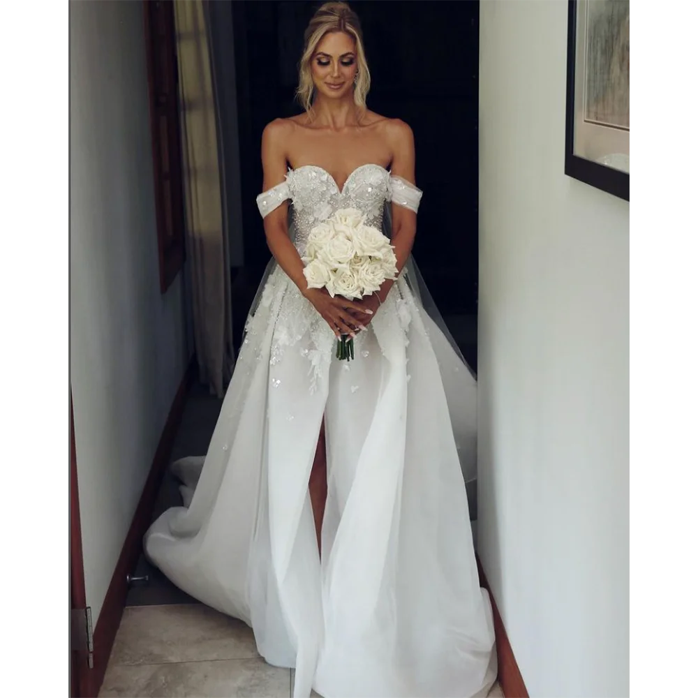 

Exquisite Off the Shoulder 3D Flowers Bride Dresses Fashion V-Neck Pearls Beading Split Court Train A-Line Gowns Wedding Dress