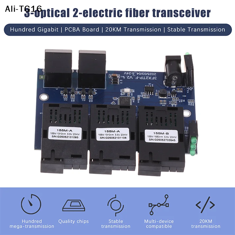 

【TyA】3F2E Fast Ethernet Switch Converter 20KM Ethernet Fiber Optical Media Converter Single Mode 2 RJ45 3 SC Fiber Port