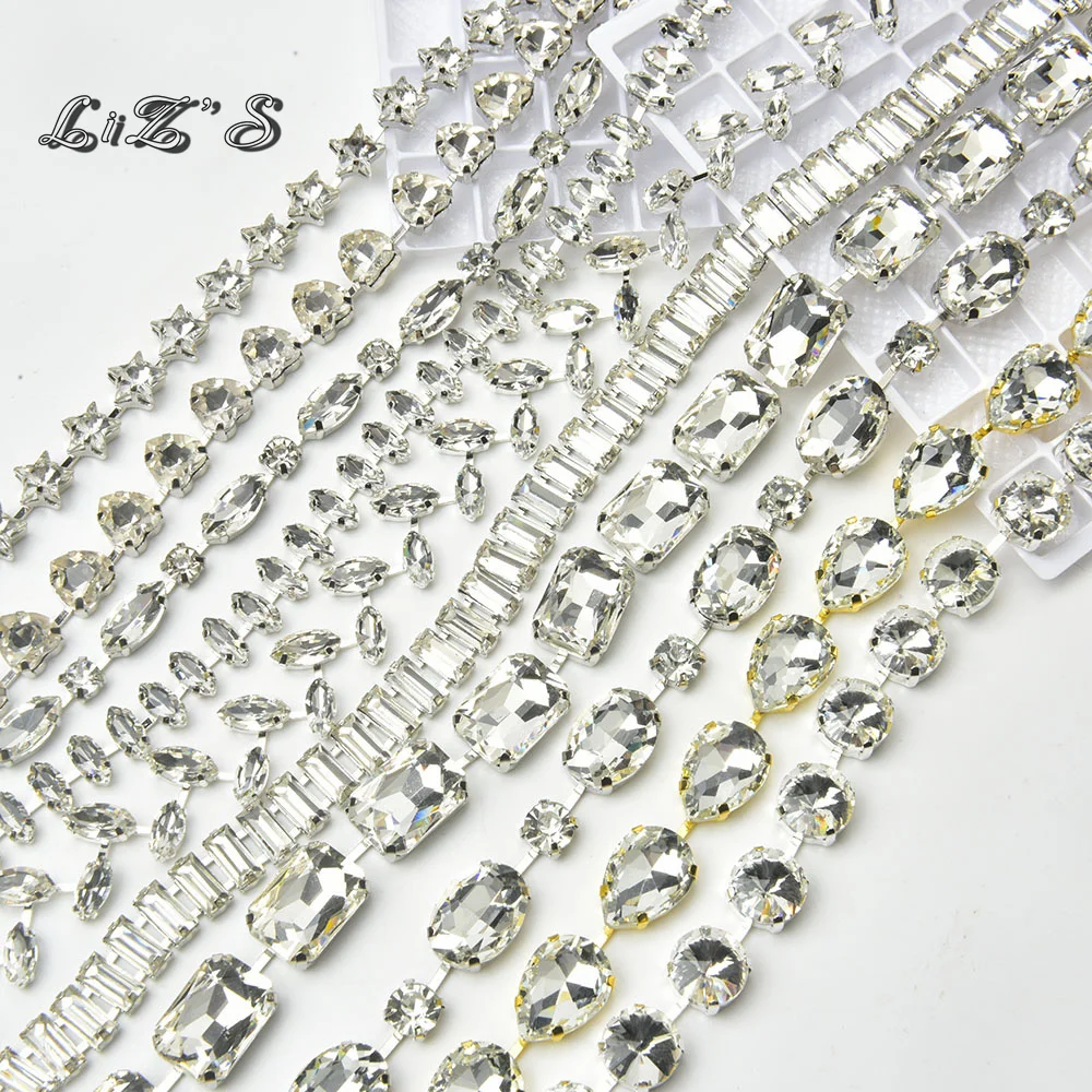 Handmade Claw Multi Shape Rhinestone Chain Glass Glitter Metal Base Silver Gold Base Diy Chain For Wedding Dress Decoration