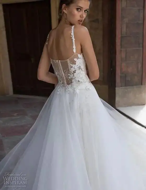 

Newest Dresses Spaghetti Sweetheart Lace Applique Bridal Gowns Illusion Backless Wedding Dress With Detachable Train