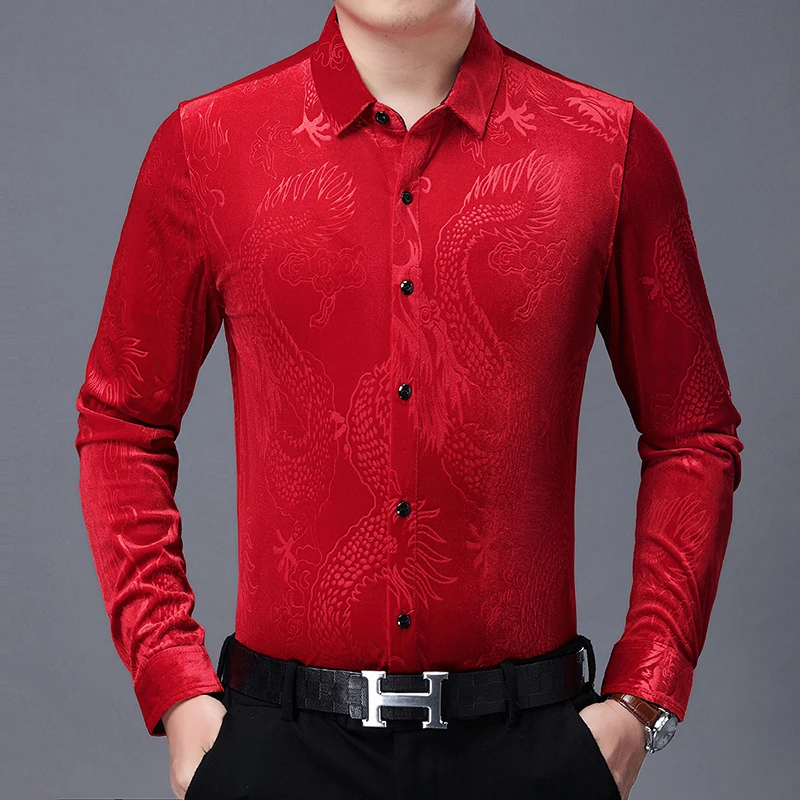 Dragon Jacquard Silky Shirts For Men Long Sleeved Casual Luxury Autumn Quality Velvet Soft Comfortable Premium Camisas De Hombre