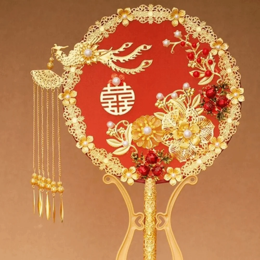 Elegant Chinese Style Bride Group Fan Handmade Vintage Decorative Fan Xiuhe Fan Flower Bride Hand Held Fan Dance Performance