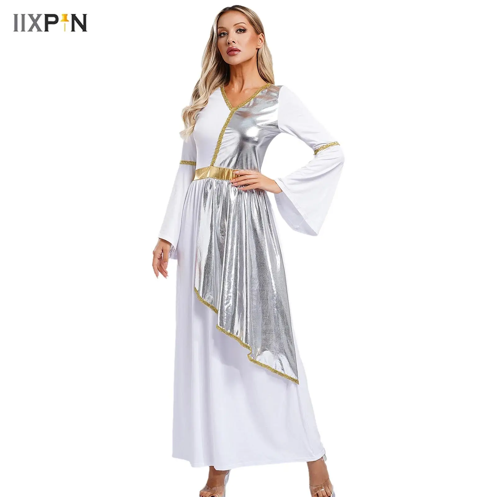 

Womens Roman Greek Beauty Toga Dress Robe V Neck Flare Sleeve Metallic Shiny Overlay Gold Trim Dress Halloween Cosplay Costume