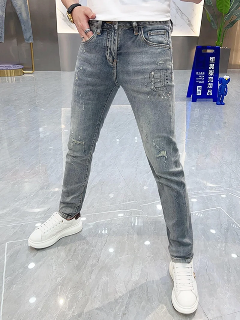 

Men's European Sle Distred Denim Jeans Summer New Arrival Waed Belt Splicing Slim Fit Versatile Water Waed Ankle Pants