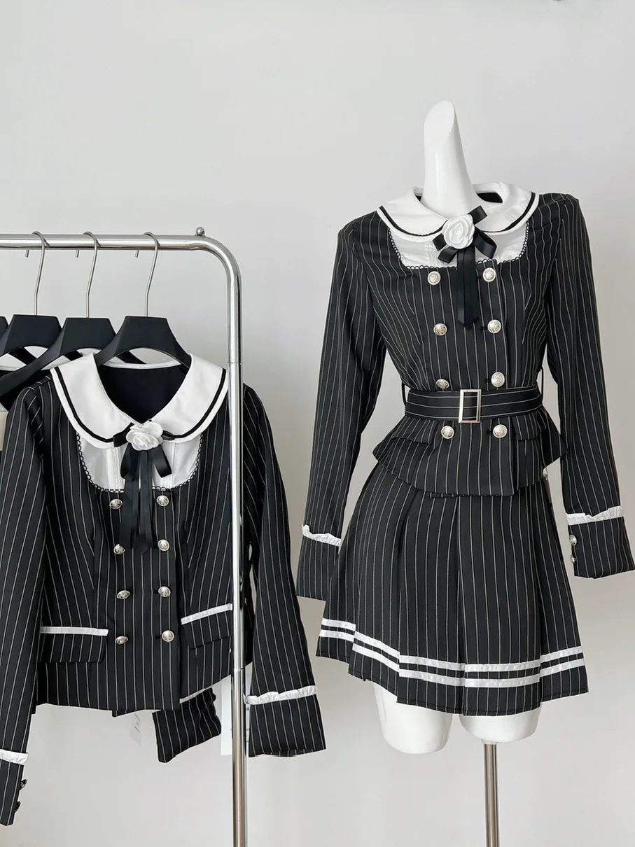 

Высокая талия, клетчатый сплит-цвет, полосатый топ с двойными пуговицами и юбка, комплект из двух предметов, модный школьный orm Sle, женский...