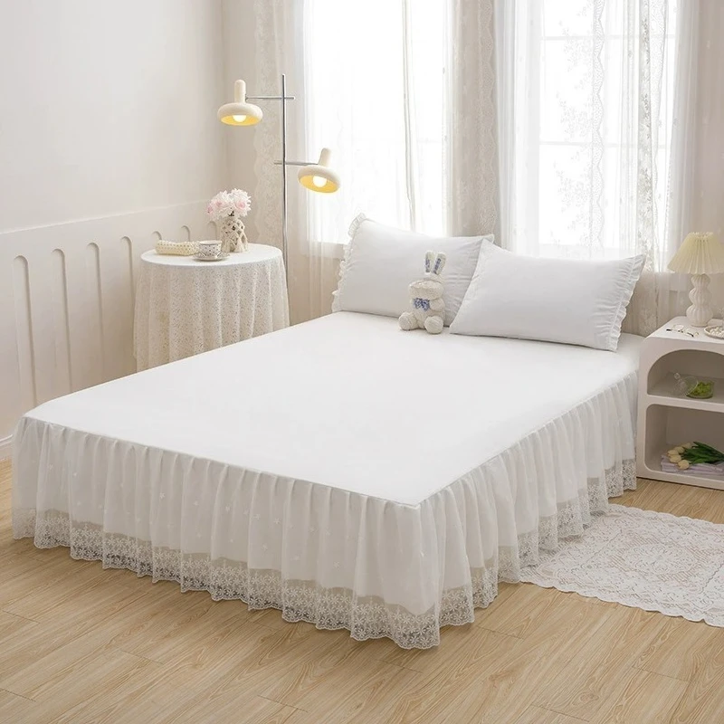 Korean Style Lace Ruffles Bed Skirt Soft Skin-friendly Bedsheet Protector Nonslip Mattress Cover for Queen/King Size Bed ベッドスカート
