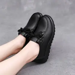 Spring Autumn Women Sneakers Black Leather Flats Commuter Shoes Leisure Thin Shoes Daily Soft Sole Loafers Lace-up Casual Shoes