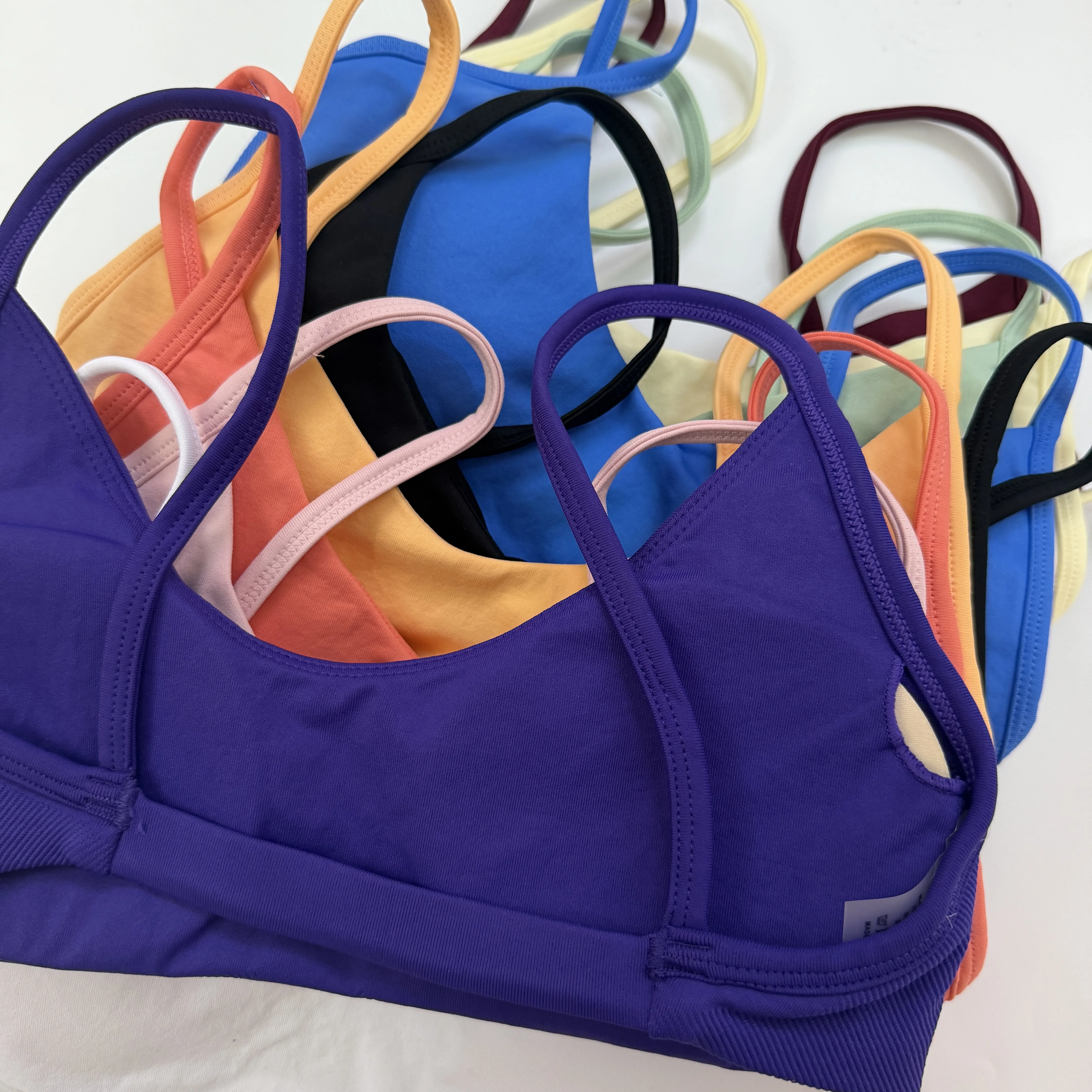 Women Scoop Neck Sports Bra Thin Straps Crisscross Back Seamless Ribbed Band Medium Support Soft Stretch Breathable Yoga GymWear