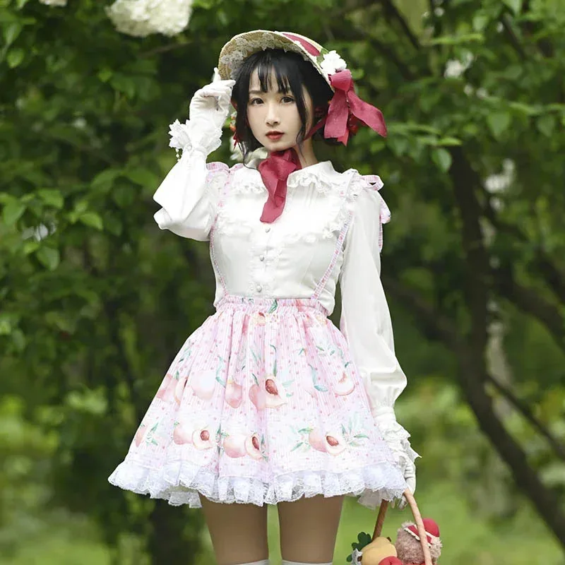 

Ainclu оригинальная японская лоли сине-розовая милая милая короткая кружевная плиссированная юбка в стиле Лолиты с принтом персика на подтяжках if;3