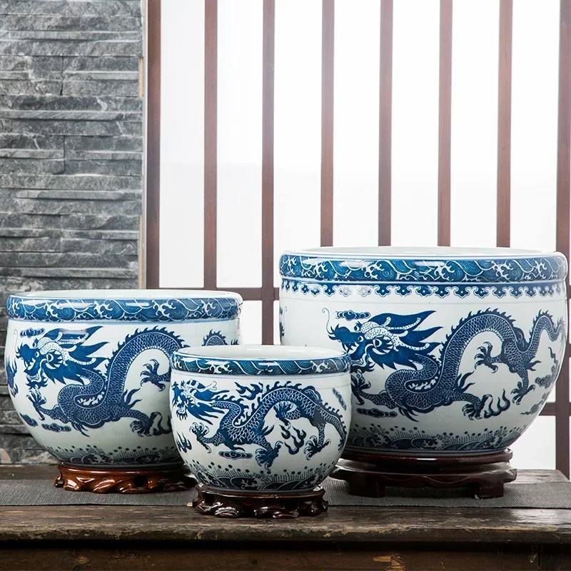 

Jingdezhen Ceramic Bowl Lotus Pot Blue and White Porcelain Fish Pot Planter Box Ceramic Planters Flower Boxes Pots for Indoor