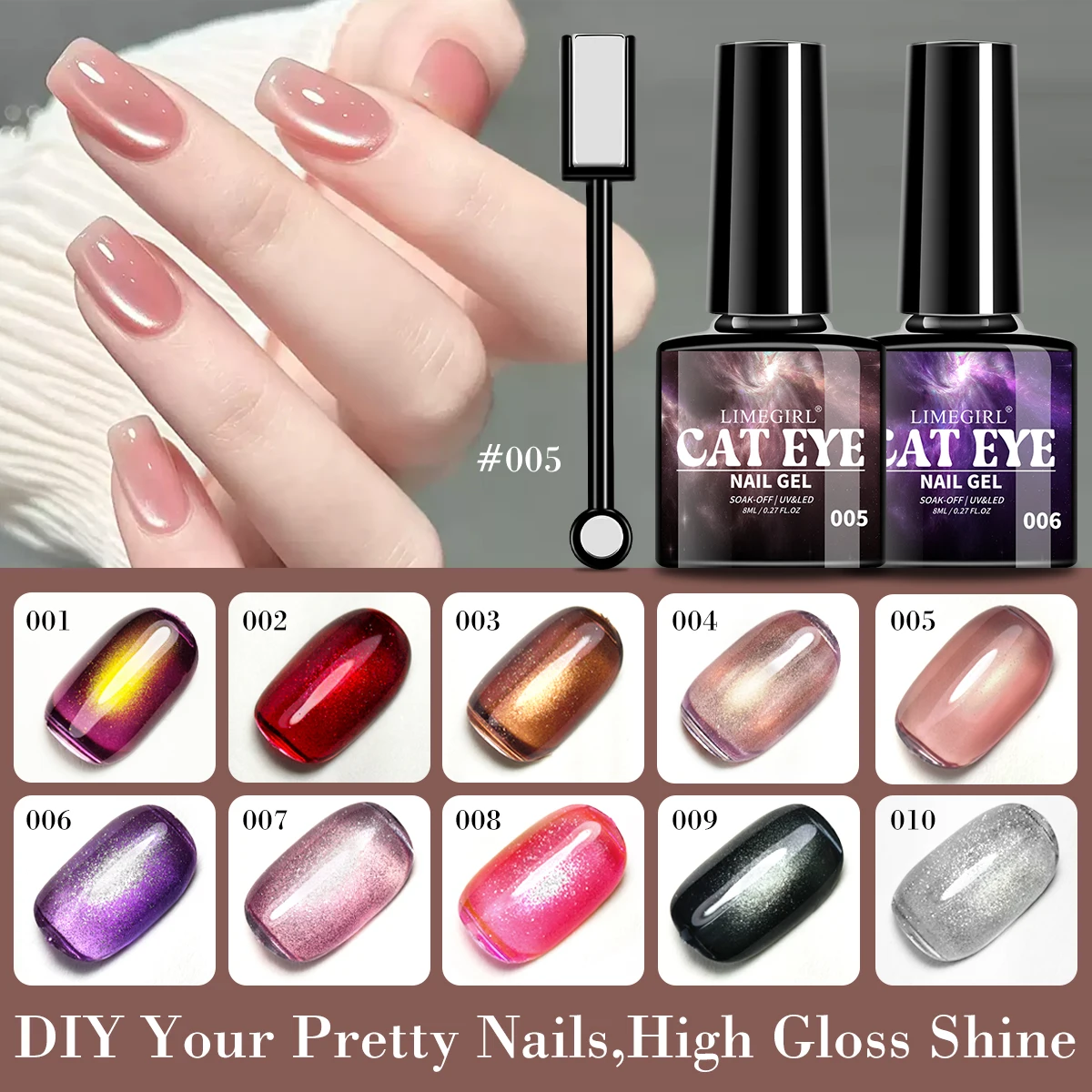 

LIMEGIRL 6pcs/set Cat Eye Gel Nail Polish Magnetic Gel Semi Permanent Nail Art Soak Off UV Gel Varnish Nails Kit