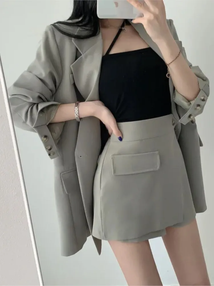 Women Vintage Solid Chic Blazer Skirts Suit Summer Casual Elegant Business Coat Mini Saya Outfits Female Formal Two Pieces Set