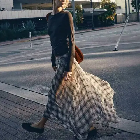 फ्लोइंग चेक मिडी स्कर्ट 2025 स्प्रिंग समर न्यू रेट्रो लॉन्ग स्कर्ट सीसाइड हॉलिडे कैज़ुअल ब्राउन महिलाओं के कपड़े 8 best sales लंबी महिलाओं के कपड़े - №4