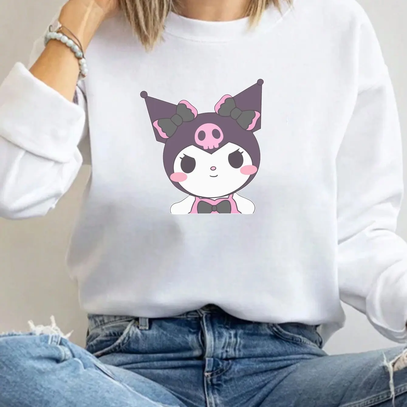 

Sanrio Series Printed Crew Neck Long-Sleeve Top, Cute and Warm Fleece-Lined Crew Neck Long-Sleeve T-Shirt, 100% Cotton