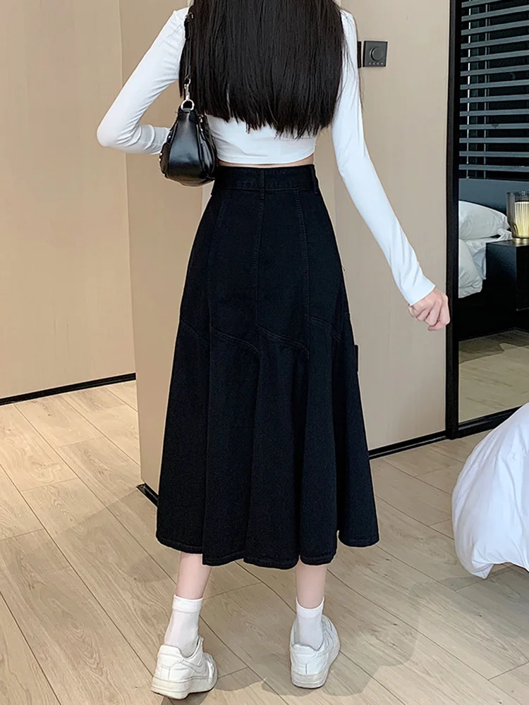 New Women Spring Summer Black Denim Skirt Fashion High Waist Patchwork A-Line Mid-Calf Skirt Vintage Casual Plus Size Skirt