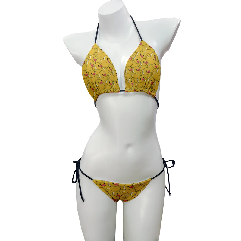 Cartoon yellow duck bikini beach surfing vacation ladies bikini halter low waist sexy card 3D printed swimsuit two-piece suit