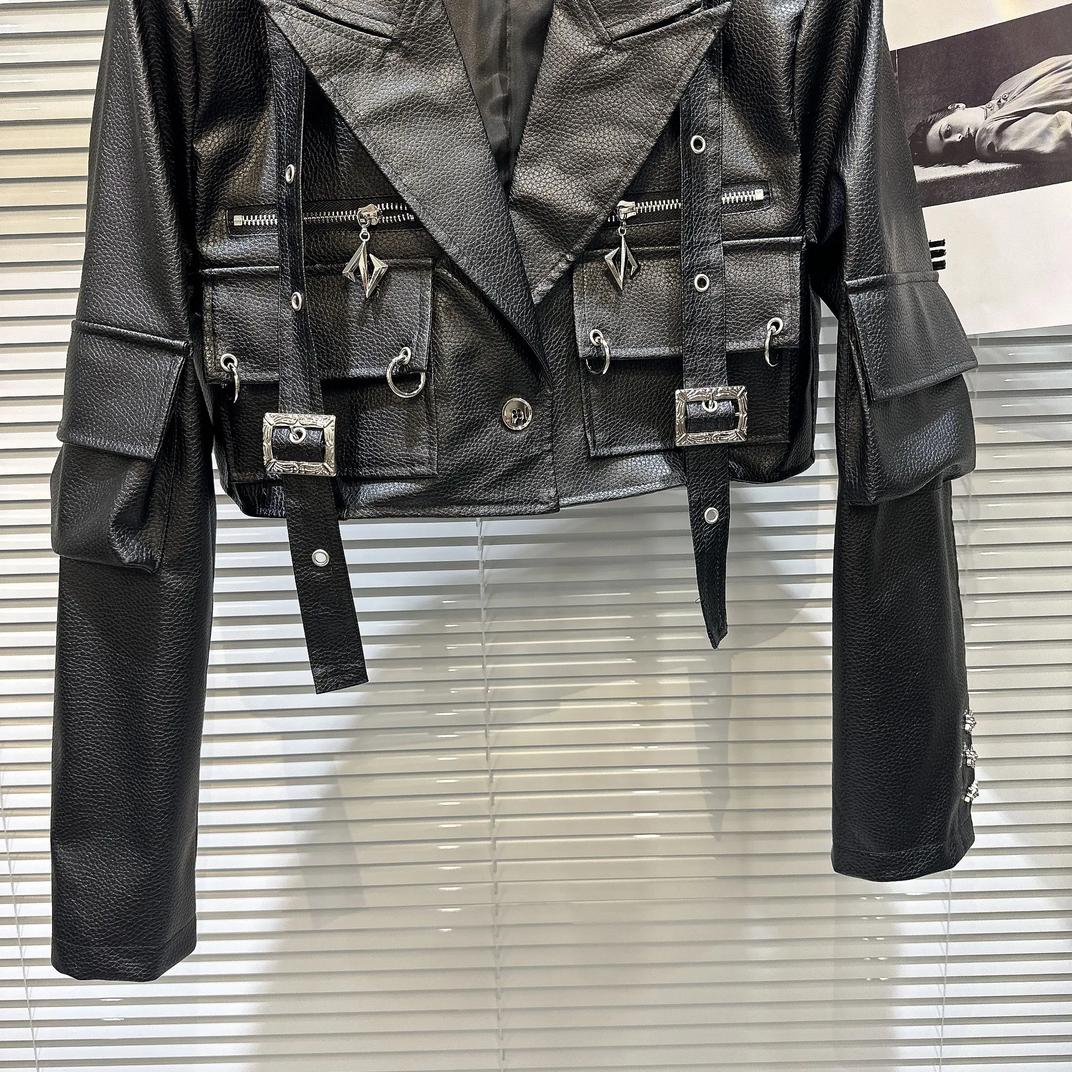 Street Sle Leather Jaet Casaco feminino de couro k Waed ket Textura Unique Sle Fall Novidades Long Sve Straig...