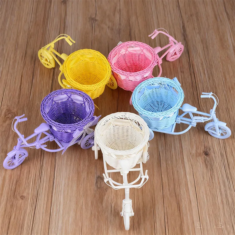 

Mini Bicycle Simulation Flower Basket with Ribbon Plastic Rattan Woven Basket Storage Basket Flower Pot Ornament Table Decor