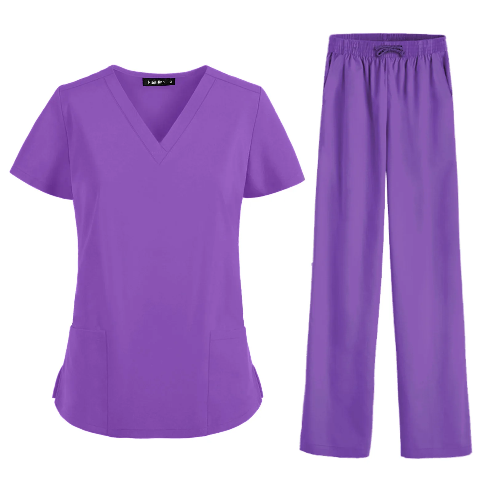 Mulheres Cor Sólida V-Neck Scrub Conjunto Uniforme, Vestido Cirúrgico, Esfoliante de Bolso, Pet Uniforme Hospitalar, Unisex Joggers, Nova Chegada