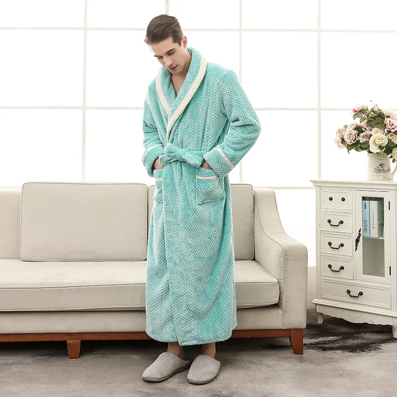 New In Autumn Winter Large Size Thickening Nightgown Men Women Warm Flannel Bathrobe Lengthen Couple Lounge With Pockets