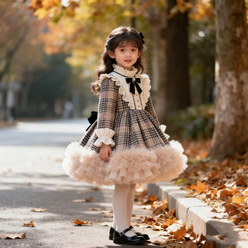 

2026 New Girls' Four Seasons Lolita Style Checkered Pattern Splicing Mesh Bottom Dress