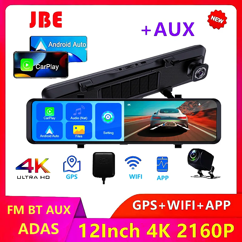 

4K 12 Inch Dash Cam Rearview Mirror Camera CarPlay Android Auto ADAS Car DVR WiFi FM GPS AUX Night Vision Video Recorder