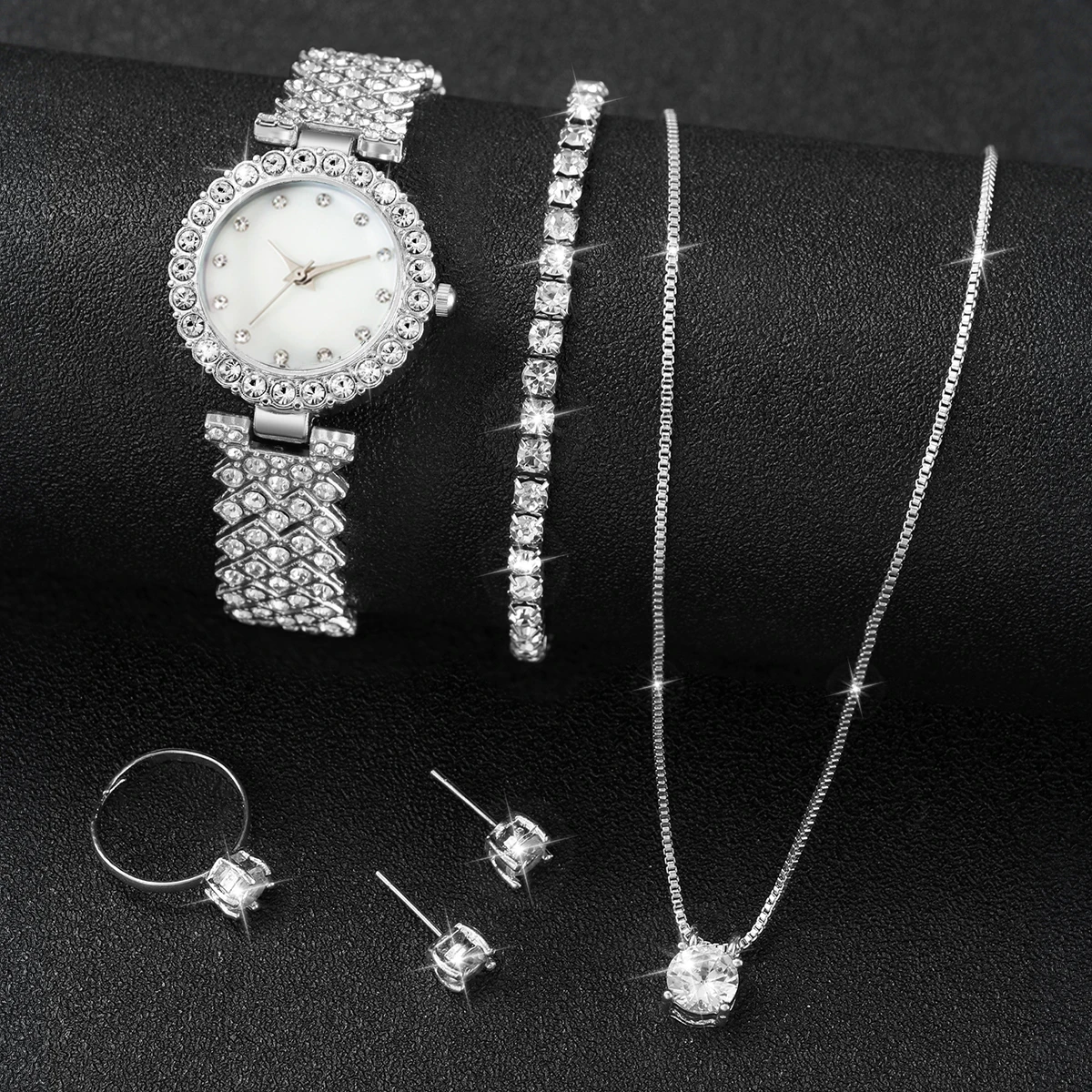 6PCS/Set Fashion Rhinestone Women Watches Steel Band Bracelet Quartz Watches Jewelry Set（Without Box）