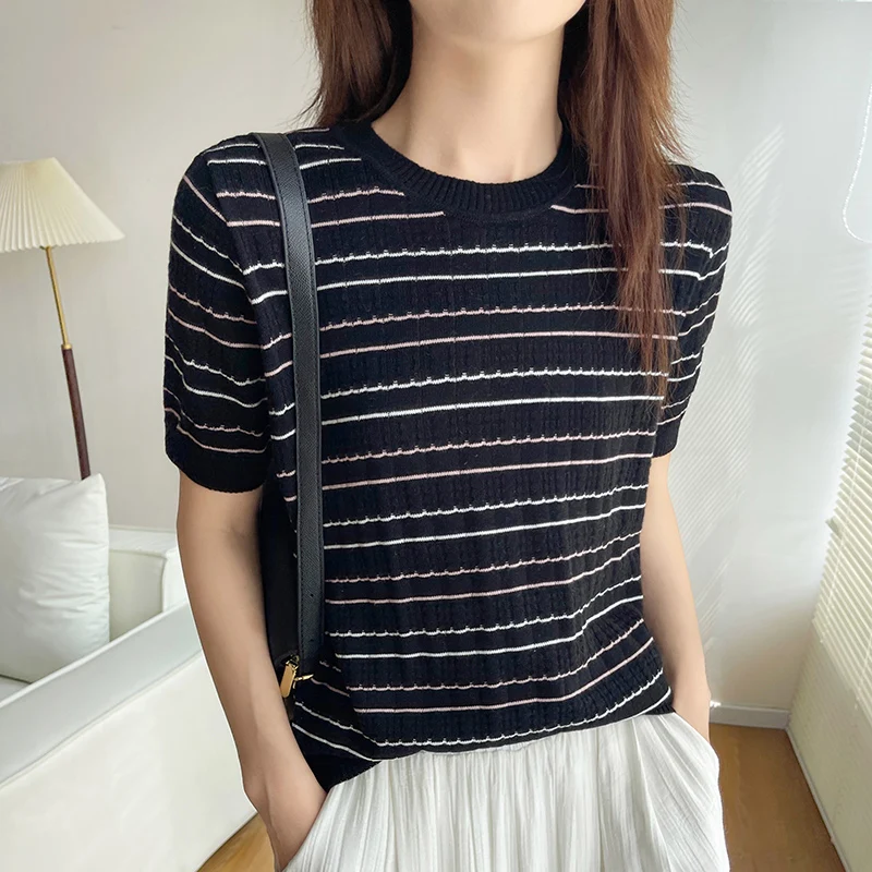 Women\'s New Summer T-shirt 100% Cotton Sweater Short Sleeve Casual Stripe Knitted O-Neck Pullover Loose Soft Baida Top T-shirt