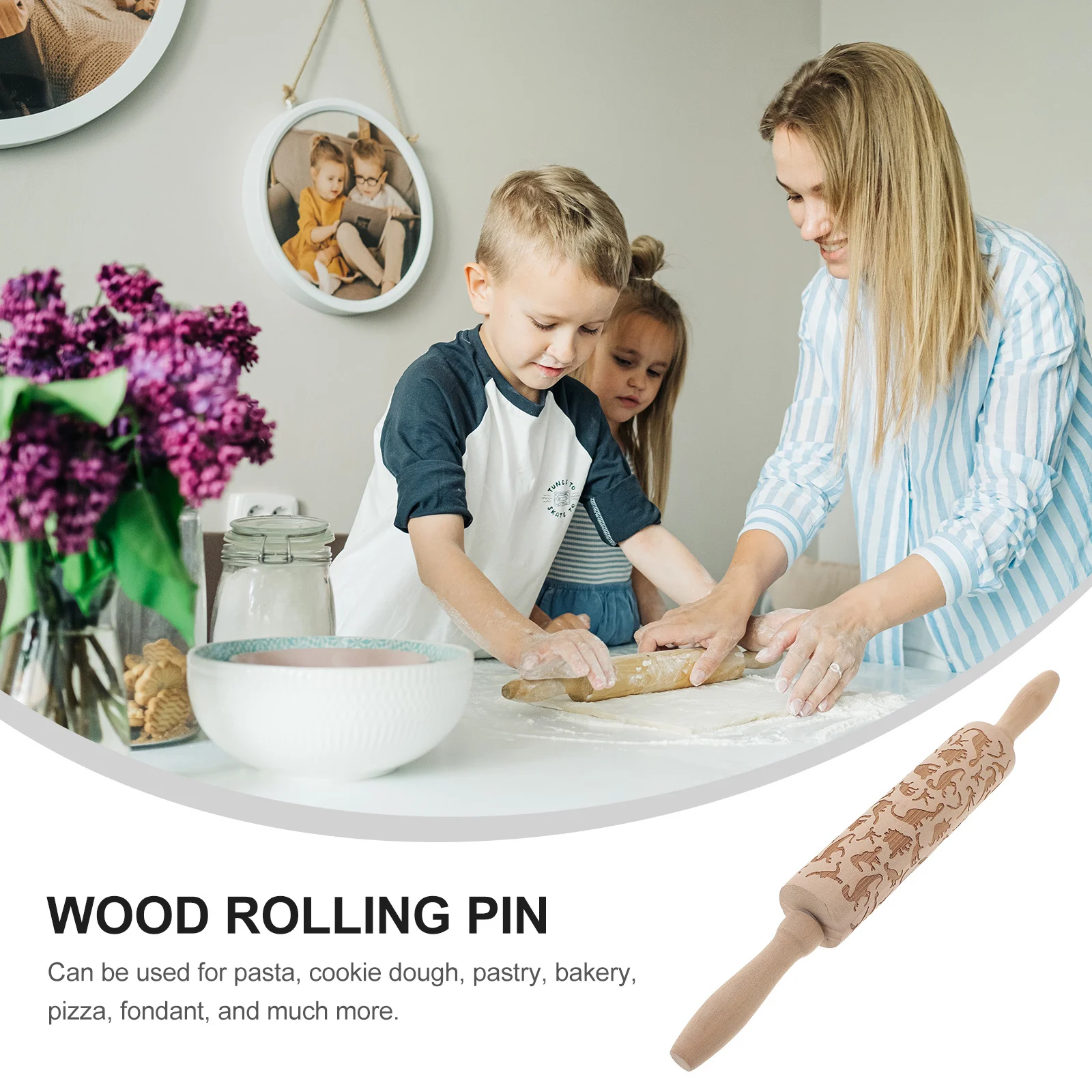 

Dinosaur Print Wooden Rolling Pin For Baking Embossing Non-Slip Handle Perfect For Pastry Pizza Dough Home Kitchen Bakery