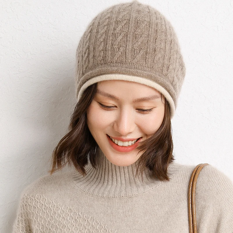 

Women Hats 2024 Winter New 100% Pure Cashmere Knitted Headgears Soft Warm Hat Fashion Girl Cap Outdoor High Quality Lady Cap