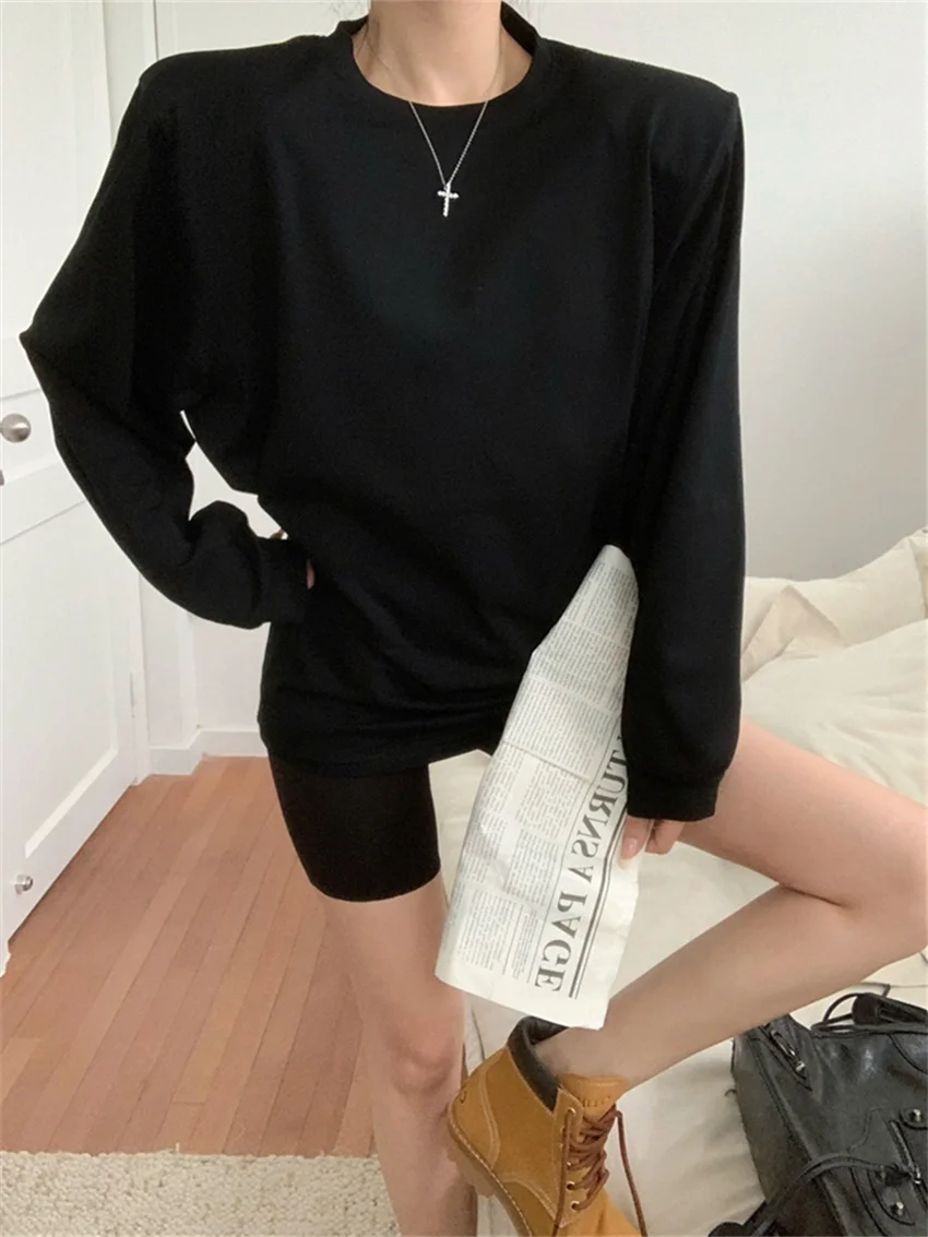 Alien Kitty Hot Girls Women T-Shirts Shoulders Pads New Loose Mid-Length Outwear Casual Autumn Chic Full Sleeve Outwear Tees