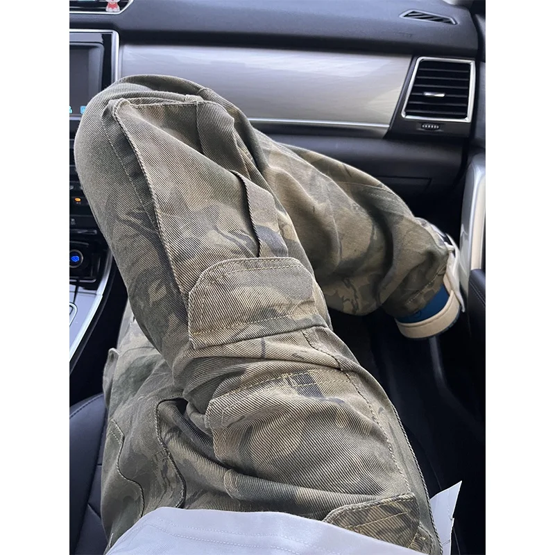 

Camouflage Work Pants Men's Design Sense Vintage Straight Leg Long Pants Military een Multi-ket American Retro Logging
