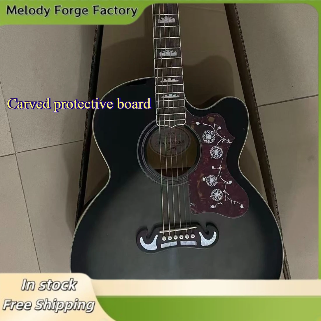 J200 Acoustic Guitar Missing Corner Black Grey Gradient Retro Carving Protective Board Spruce Solid Top Longevity Beginner
