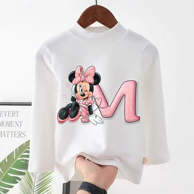 New Disney Minnie Mouse Children Tops Kawaii Cartoon Letter Graphic T-shirt Kids Casual Long-sleeved Tops Autumn Girls Clothes