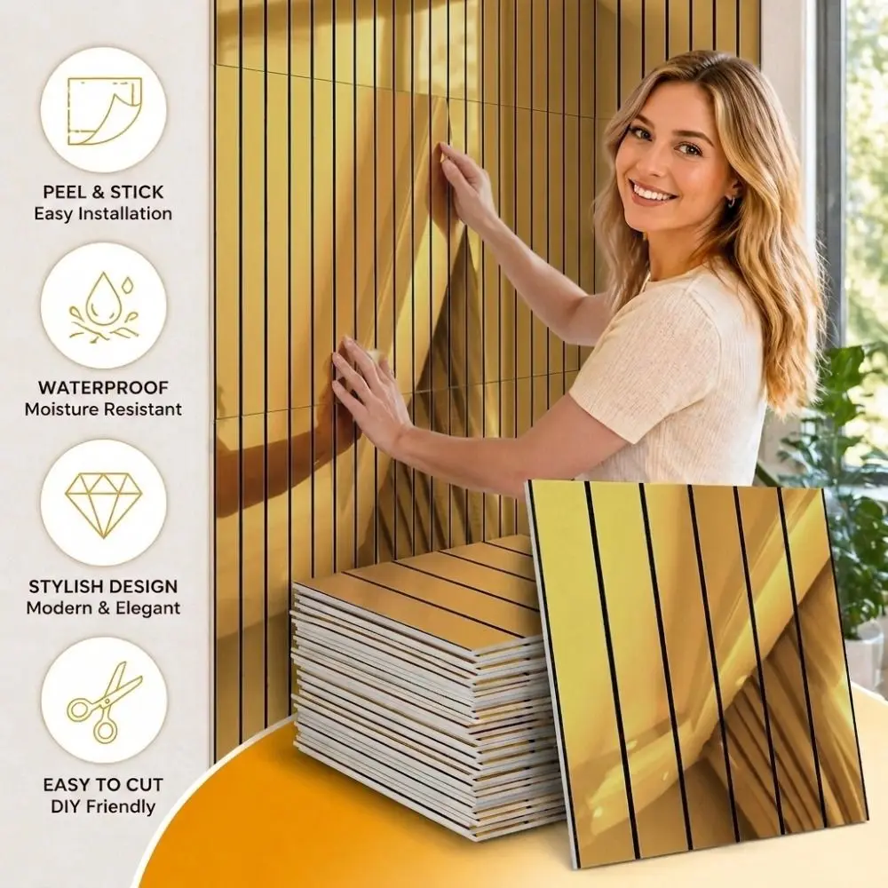 10PCS Self-Adhesive Faux Grille Mirror Wall Sticker Reflective Stripe Pattern Mirror Wallpaper Shining Surface Square