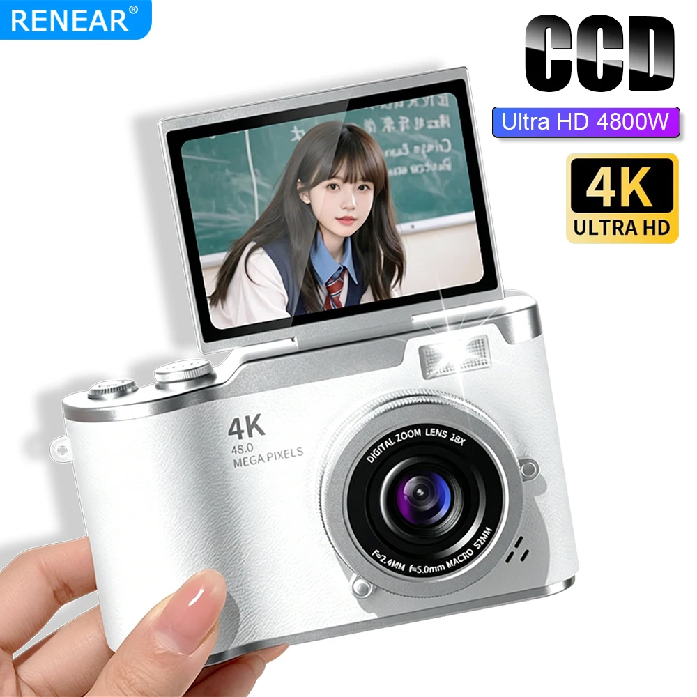 

Портативная цифровая камера 4K CCD HD 48MP с откидным экраном, винтажная видеокамера для студентов, девушек, взрослых, детей, подарок, цифровая камера с фильтрами.