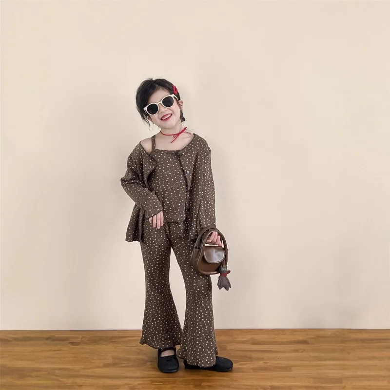 

Girls Set 2025 Autumn Spring Korean Style Fashion Trendy Brown Floral Print Cardigan Spaghetti Strap Pant Three Piece Set