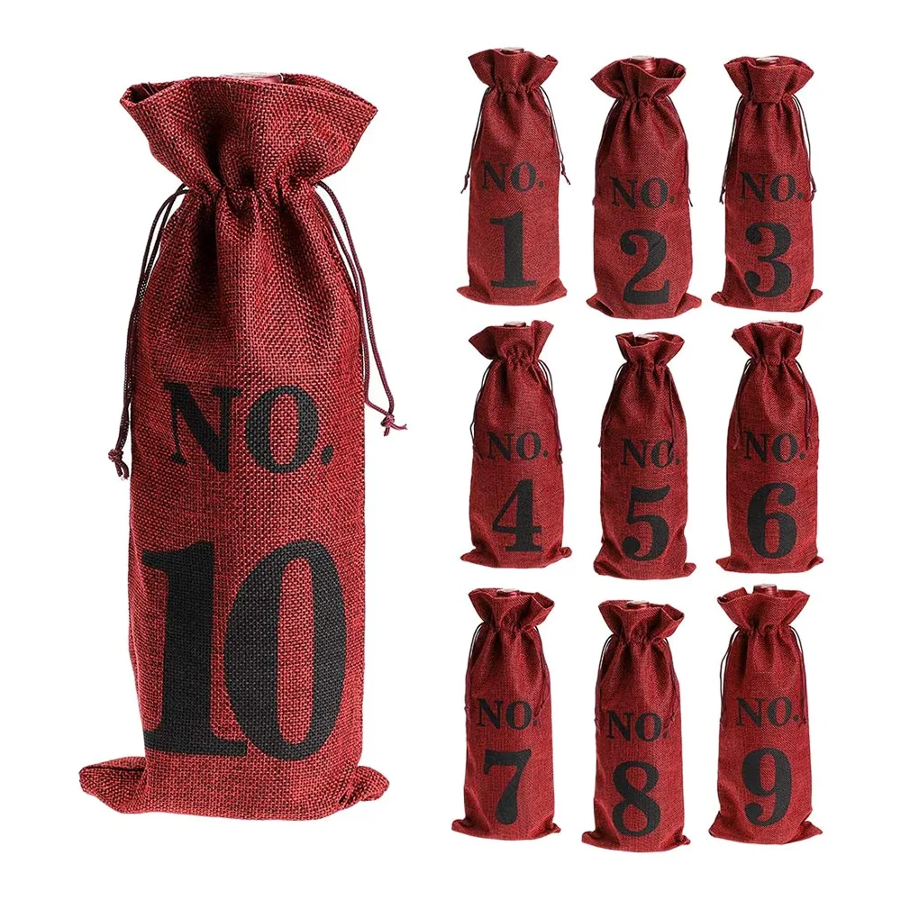 1 a 10 bolsas de vino de arpillera degustación de vino ciego, bolsas de vino números de mesa de boda, bolsas de degustación de vino, fiesta, Navidad, 10 piezas, rojo