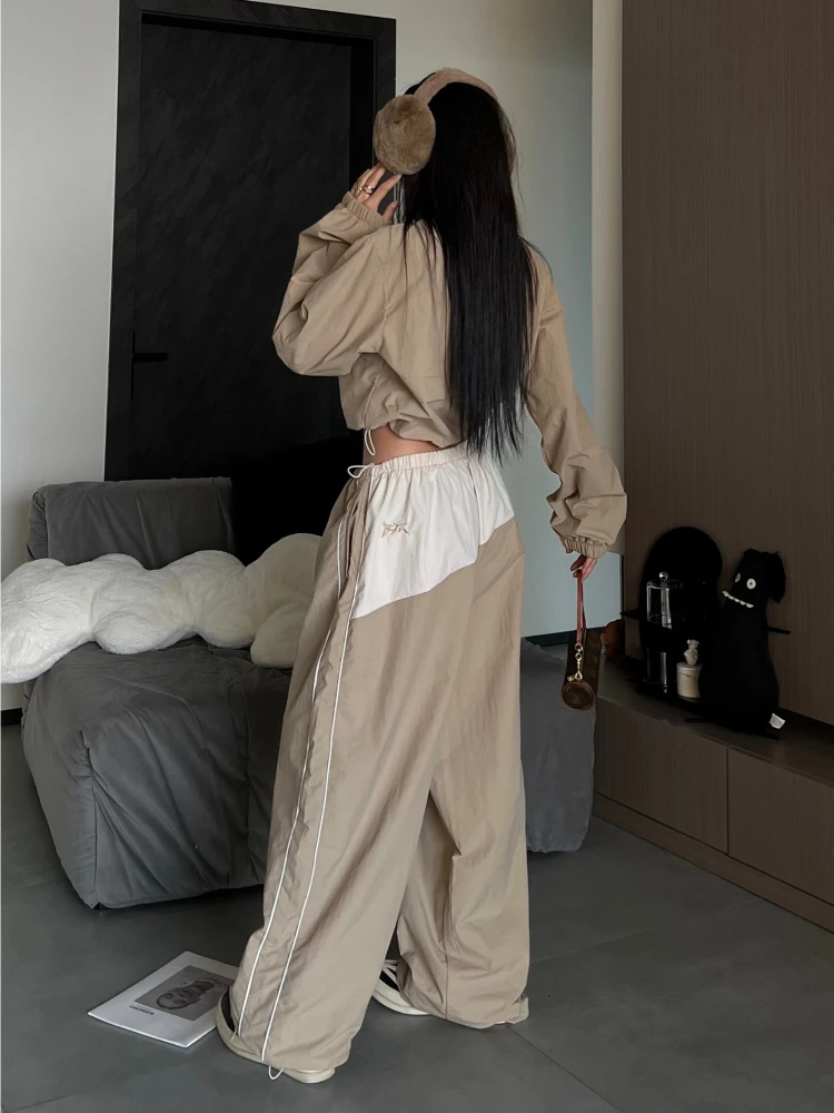 Women Retro Tracksuit Casual Stand Collar Short Pullover Jacket Baggy Wide Leg Pants 2pcs Set Y2K Fashion Streetwear Spring Sets