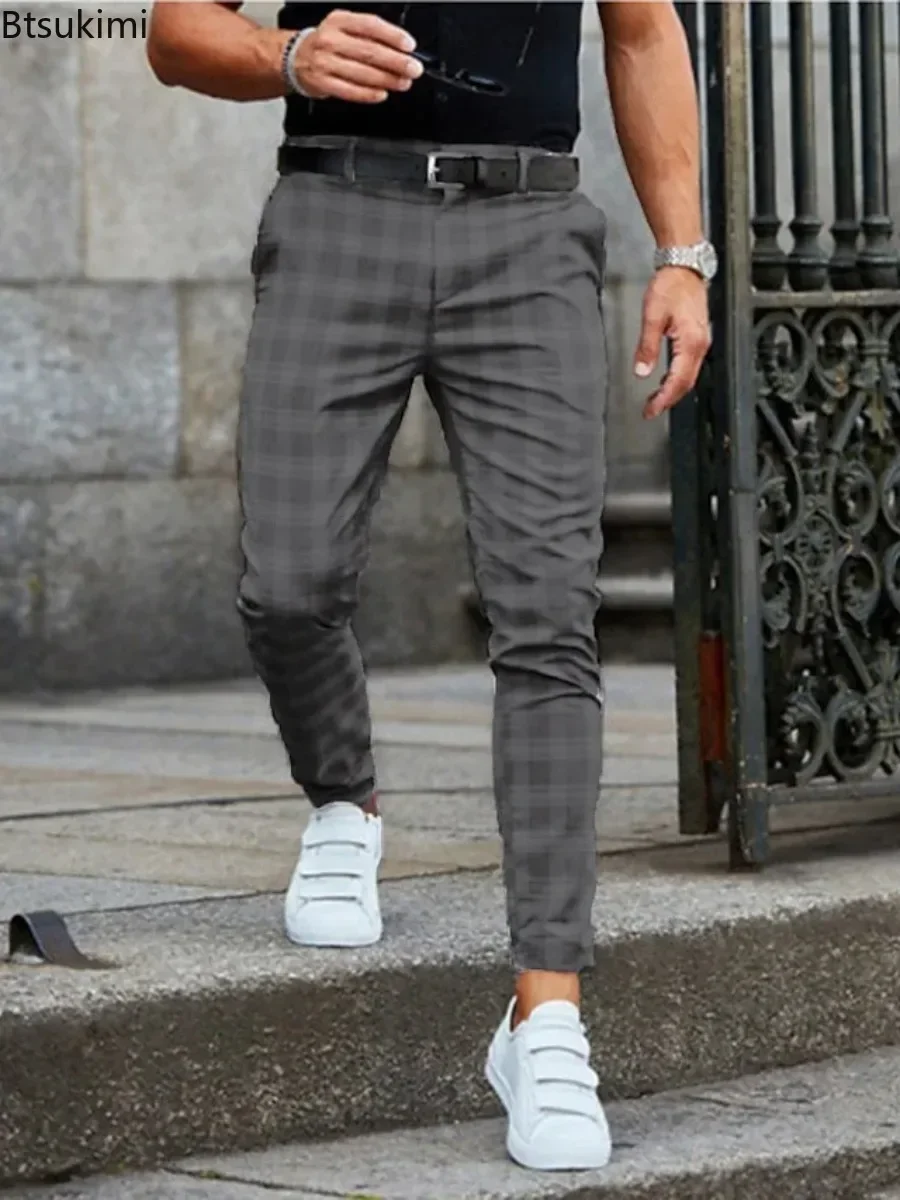 New 2025 Men's Formal Business Suit Pants Fashion Mid-waist Print Plaid Trousers Spring Autumn Comfortable Elastic Pants for Men