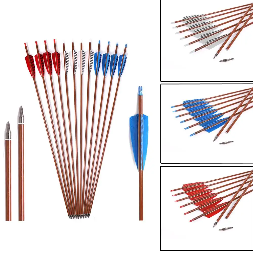 

ACCMOS 24pcs 31 inch Carbon Arrows ID 6.2mm Wood Skin Colored Feathers Custom Arrow for Longbow Recurve Bow Compound Bow Archery