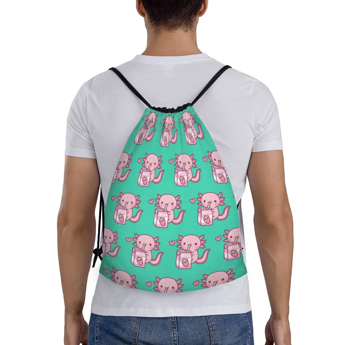 

Cute Axolotl Loves Strawberry Milk Doodle Backpacks Multi-function Portable Drawstring Bags Shoes Bag Book Bag For Travel School