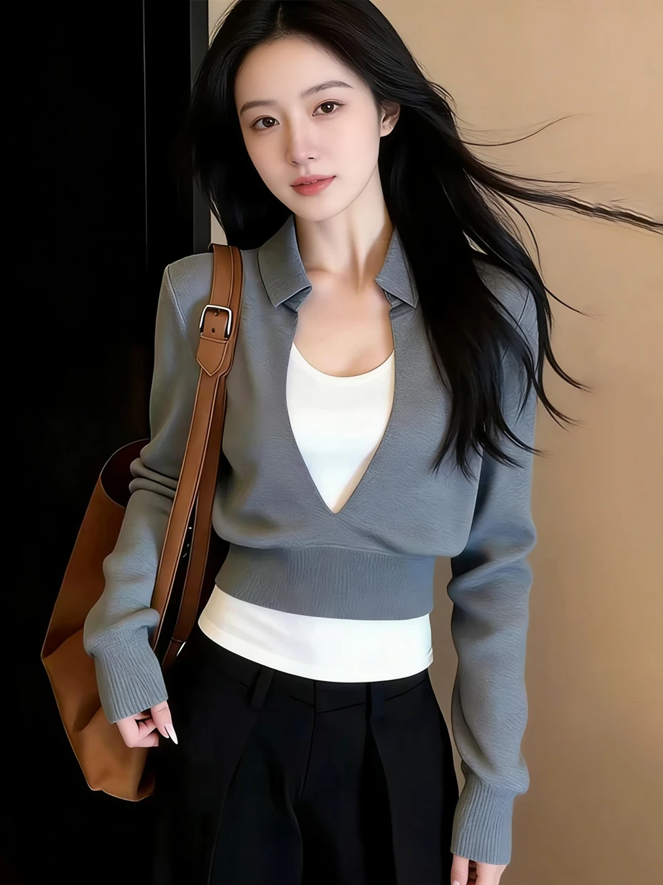 Gray Slim Fit Women's T-shirt Fashionable Korean Style Long Sleeve Spring New Arrival Breathable Comfortable Casual Wear