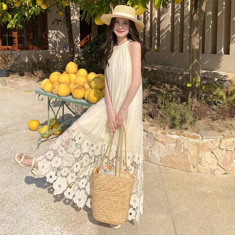 

Women Summer Fashion Embroidery Flower Hollow Out Loose Fit Casual Bohemian Dress Sleeveless Sundresses Streetwear