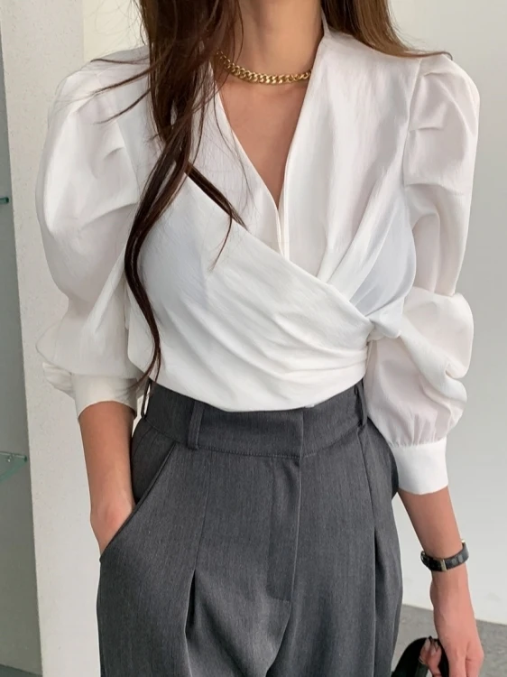 

Ele V-Ne Bubble Sve irt Women's Spring Faion Korean Sle Loose Fit Long Sve Cross Belted Chic Top