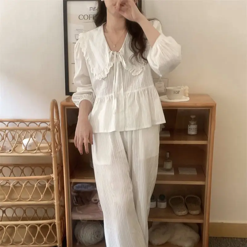 Lace Sleepwear Women Pajama Sets Korean Piiama Summer Shorts Sets 2 Pieces Peter Pan Collar Night Wears Cute Home Suit 2024 New