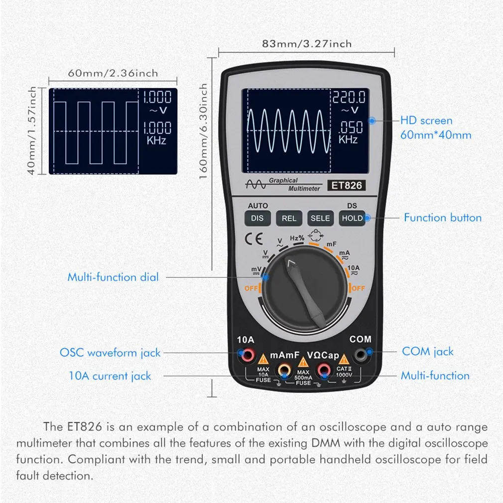 Intelligent  Digital Oscilloscope Multimeter 2-in-1 Direct Current/AC Voltage Current Meter Capacitance Resistance Diode Tester