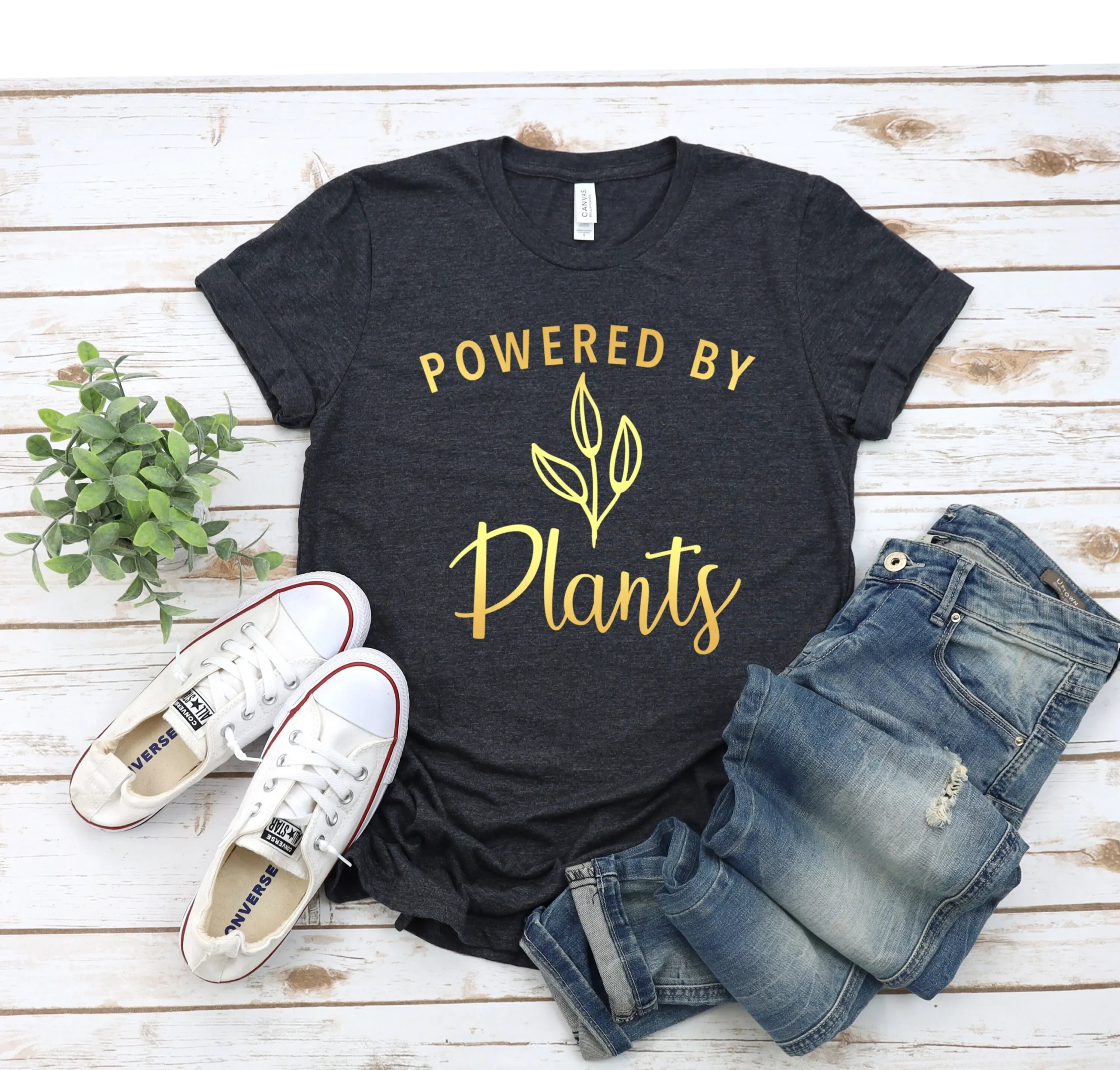 Camiseta Powered By Plants, para vegetarianos, amantes de las plantas, veganos, con la lema: Vegan Power Run on Veggies